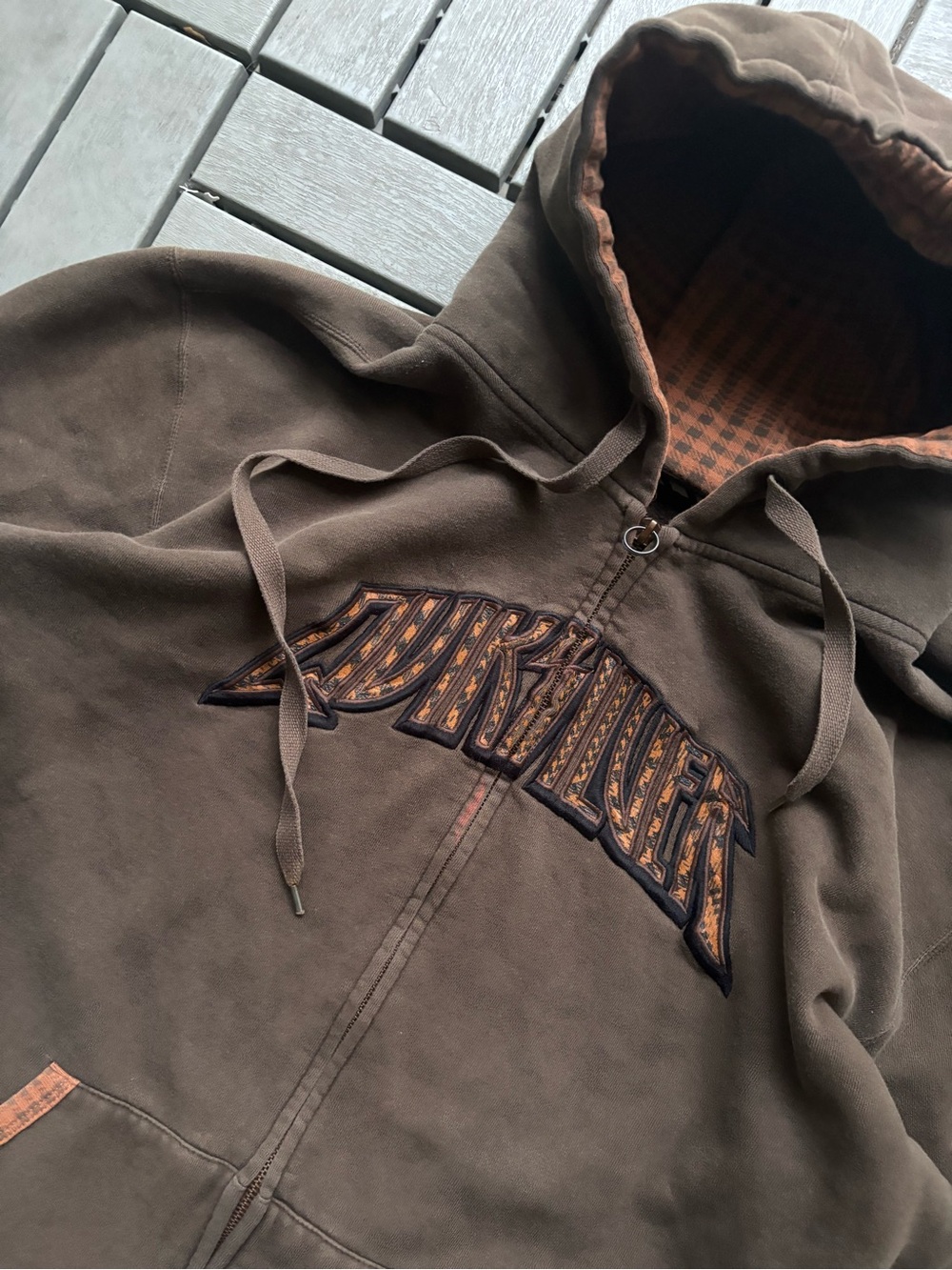 Quiksilver Brown Full-Zip Hooded Sweater with Plaid Trim - Picture 2 of 4